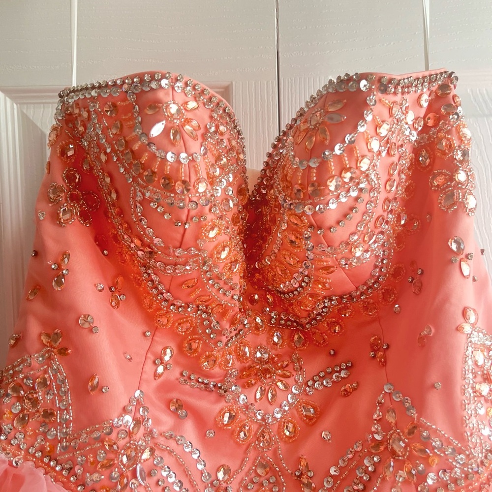 Embellished Coral Strapless Quinceañera Dress